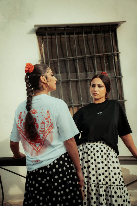 Camiseta Oversize Mantón Flamenca Blanco y Rojo