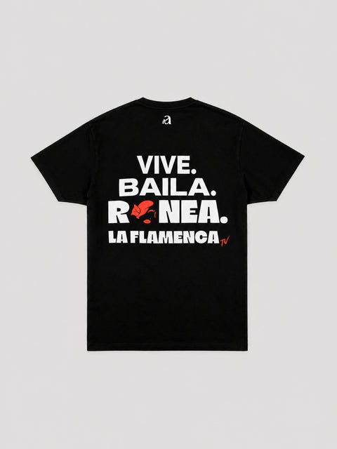 Camiseta "VIVE, BAILA, RONEA" Negra